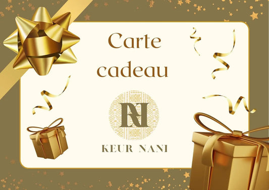 Carte cadeau Keur Nani élégamment présentée, idéale pour offrir l'art du linge de table africain et un choix de pièces artisanales uniques.